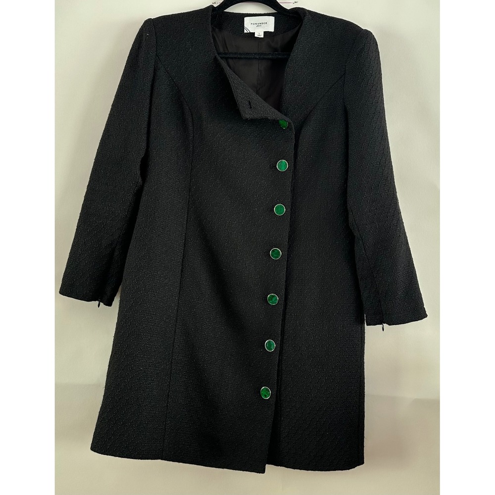 Pomander Place Black Tweed Coat Dress Green Malachite Button Square Neck L